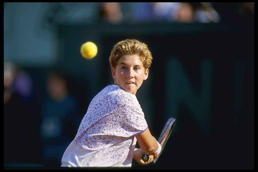 Monica Seles of Yugoslavia prepares to strike the ball during the French open at Roland Garros, Paris.